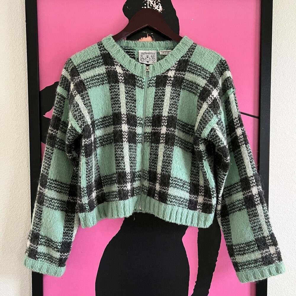 Vintage Anthropologie Womens Acrylic Wool Mohair Plaid Zip Cardigan Mint - Picture 1 of 7